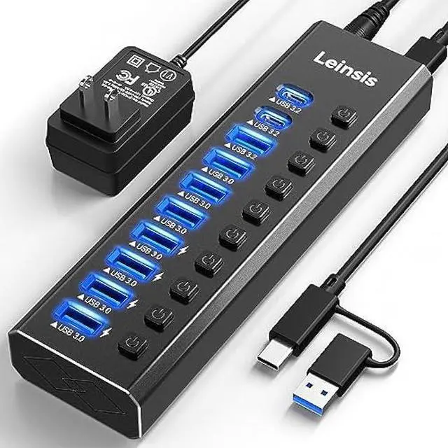Main image of Powered USB Hub 3.2, LEINSIS 10-Port USB 3.2/USB C Hub (10Gbps USB-A 3.2 +2 USB-C 3.2 +7 USB 3.0 Ports) with Individual On/Off Switches and 12V Power Adapter, Aluminum USB Hub Powered for Laptop PC