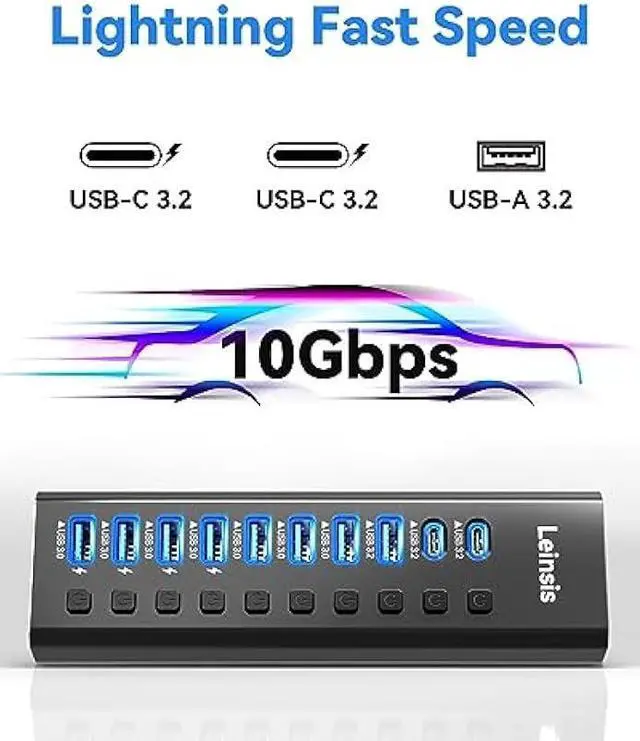 Alt view image 3 of 6 - Powered USB Hub 3.2, LEINSIS 10-Port USB 3.2/USB C Hub (10Gbps USB-A 3.2 +2 USB-C 3.2 +7 USB 3.0 Ports) with Individual On/Off Switches and 12V Power Adapter, Aluminum USB Hub Powered for Laptop PC