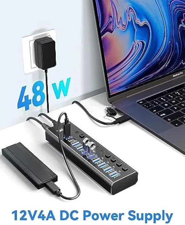 Alt view image 4 of 6 - Powered USB Hub 3.2, LEINSIS 10-Port USB 3.2/USB C Hub (10Gbps USB-A 3.2 +2 USB-C 3.2 +7 USB 3.0 Ports) with Individual On/Off Switches and 12V Power Adapter, Aluminum USB Hub Powered for Laptop PC