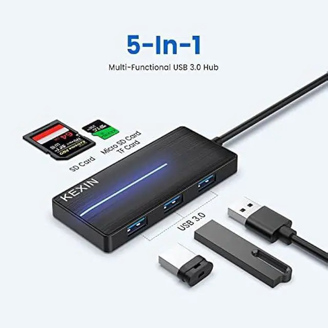 Alt view image 2 of 7 - KEXIN USB Hub 3.0 Ultra Slim USB Splitter 3 Multipot Adapter with Card Reader 2ft Cable Extender Hub for HDD, Keybord, Surface Pro (USB A Port)