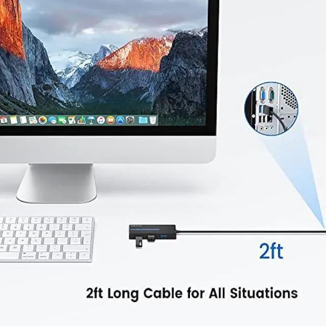 Alt view image 3 of 7 - KEXIN USB Hub 3.0 Ultra Slim USB Splitter 3 Multipot Adapter with Card Reader 2ft Cable Extender Hub for HDD, Keybord, Surface Pro (USB A Port)