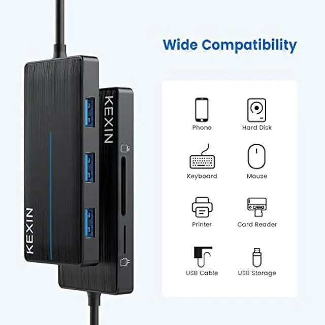 Alt view image 7 of 7 - KEXIN USB Hub 3.0 Ultra Slim USB Splitter 3 Multipot Adapter with Card Reader 2ft Cable Extender Hub for HDD, Keybord, Surface Pro (USB A Port)