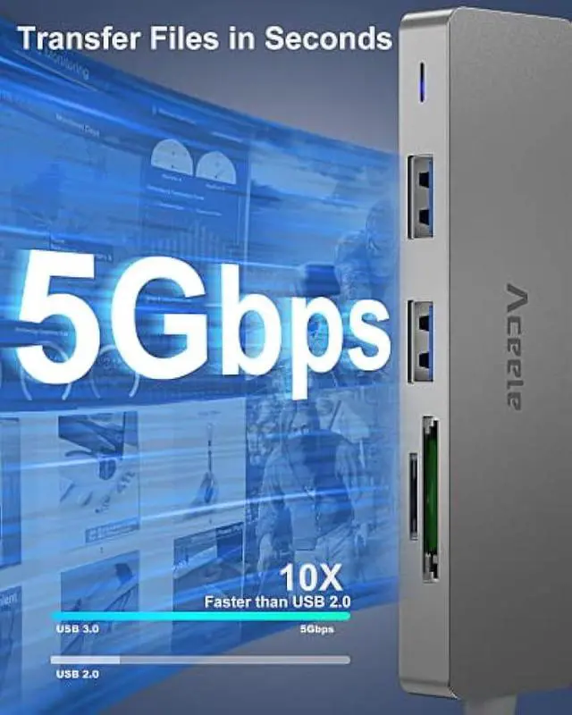 Alt view image 4 of 5 - Aceele 5Gbps USB 3.0 Hub, 6 in 1 Ultra Slim Data USB Hub with 4ft Extended Long Cable, USB Multiport Hub with Micro USB Powered Port, SD/TF Card Slot Port, Compatible for PC, Laptop, MacBook