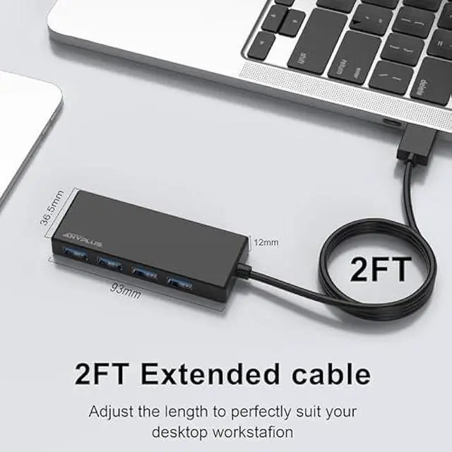 Alt view image 4 of 5 - USB Hub, Multiport USB Splitter Adapter, 2 ft Long Cable USB 3.0 Hub, USB Extender for Laptop, PC, iMac, Surface Pro, MacBook, Mac Pro, Flash Drive, XPS, Mouse, HDD