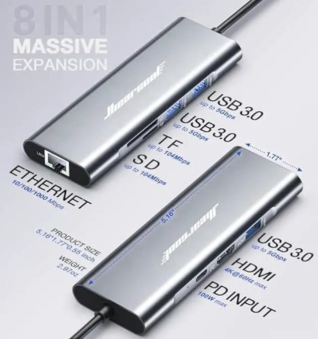 Alt view image 5 of 5 - Hiearcool USB C Hub Ethernet,4K@60 USB-C to HDMI Hub,8in1 Multi-Port USBC Adapter Type C Dock Dongle Compatible for MacBook Pro Air iPad Dell Lenovo