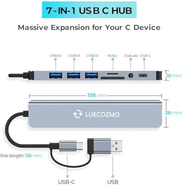 Alt view image 4 of 5 - USB Hub USB C Hub USB Splitter 7 in 1 USB Extender with 4 USB Port 1 USBC Port TF/SD Card Reader Audio Output Compatible with MacBook/Pad Pro/Dell/HP Laptop/Phones