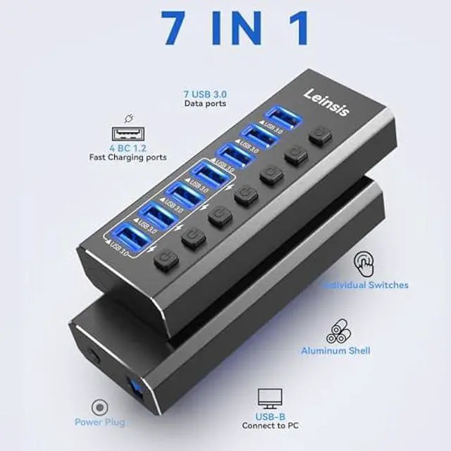 Alt view image 2 of 7 - Powered USB Hub 3.0, Leinsis 7-Port USB 3.0 Hub [Durable Aluminum] 7 Data Transfer Ports+ 4 Smart Charging Ports with Individual On/Off Switches, USB Hub 3.0 Powered with Power Adapter for Laptop PC