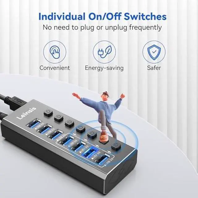 Alt view image 5 of 7 - Powered USB Hub 3.0, Leinsis 7-Port USB 3.0 Hub [Durable Aluminum] 7 Data Transfer Ports+ 4 Smart Charging Ports with Individual On/Off Switches, USB Hub 3.0 Powered with Power Adapter for Laptop PC