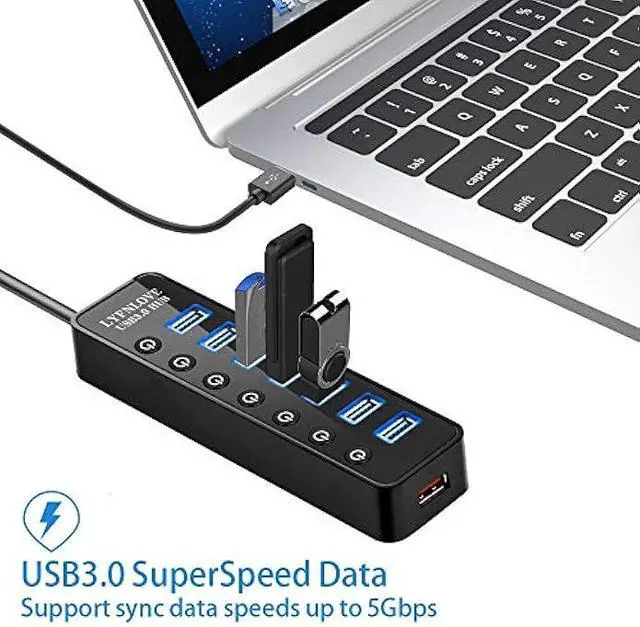 Alt view image 2 of 5 - Powered USB Hub 3.0 Extender, Multiple Port Hub Splitter for Laptop PC with Power Adapter and Charging Port, USB Expander with On/Off Switches for MacBook, iMac, Surface Pro