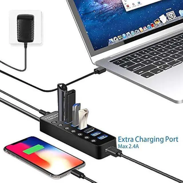 Alt view image 3 of 5 - Powered USB Hub 3.0 Extender, Multiple Port Hub Splitter for Laptop PC with Power Adapter and Charging Port, USB Expander with On/Off Switches for MacBook, iMac, Surface Pro