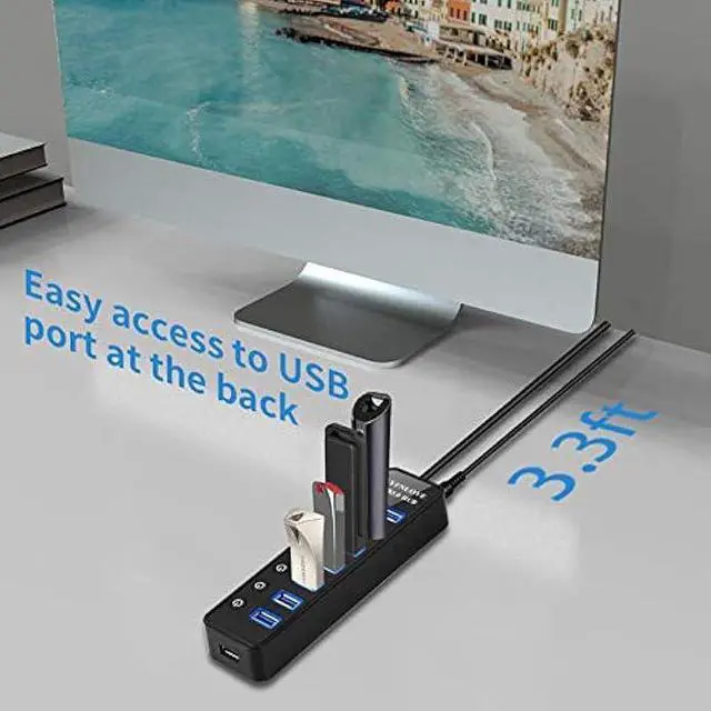 Alt view image 5 of 5 - Powered USB Hub 3.0 Extender, Multiple Port Hub Splitter for Laptop PC with Power Adapter and Charging Port, USB Expander with On/Off Switches for MacBook, iMac, Surface Pro