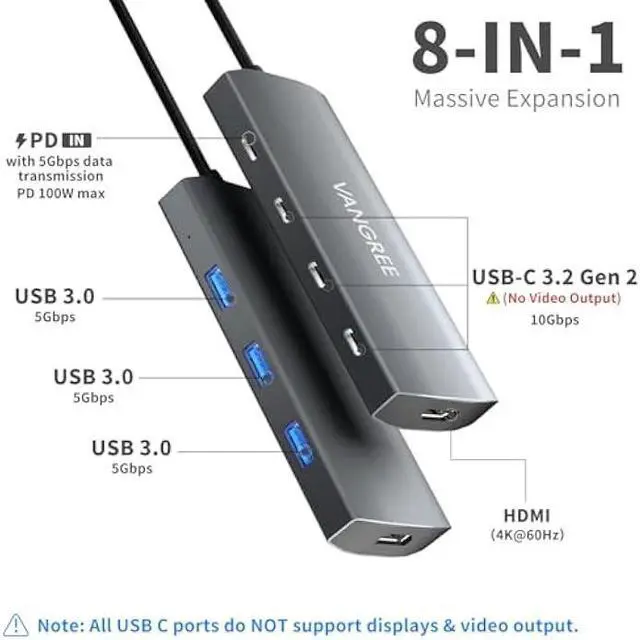 Alt view image 2 of 5 - VANGREE USB C Hub, 3 USB 3.2 Gen 2 Ports with 10Gbps, 4K@60Hz HDMI, 100W Power Delivery, 3 USB-A 3.0 Ports, USB C Splitter Multiport Adapter Extender for MacBook Pro/Air, iPad Pro, Mac mini and More