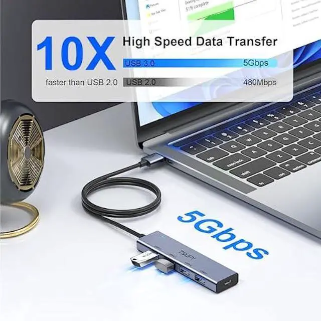 Alt view image 2 of 5 - USB 3.0 HUB, TSUPY USB Splitter with 5 USB Ports and 4ft Extended Cable,Ultra-Slim Aluminium Data Hub Multi USB 3.0 Adapter HUB Compatible for Laptop,MacBook,PC, Printer, Mobile HDD and More