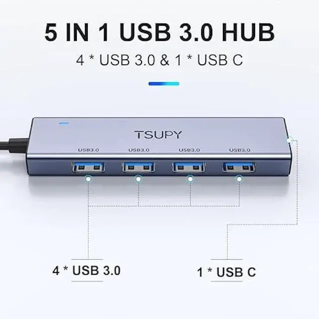 Alt view image 3 of 5 - USB 3.0 HUB, TSUPY USB Splitter with 5 USB Ports and 4ft Extended Cable,Ultra-Slim Aluminium Data Hub Multi USB 3.0 Adapter HUB Compatible for Laptop,MacBook,PC, Printer, Mobile HDD and More