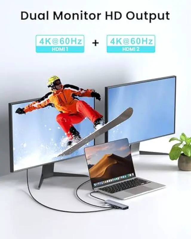 Alt view image 3 of 5 - USB C Hub Docking Station Dual Monitor for Laptop, MacBook Air/Pro Dock Adapter Multiport Dongle with 2 HDMI Ports 4K 60Hz, 100W PD Charging, 3 USBA 3.0 & USBC