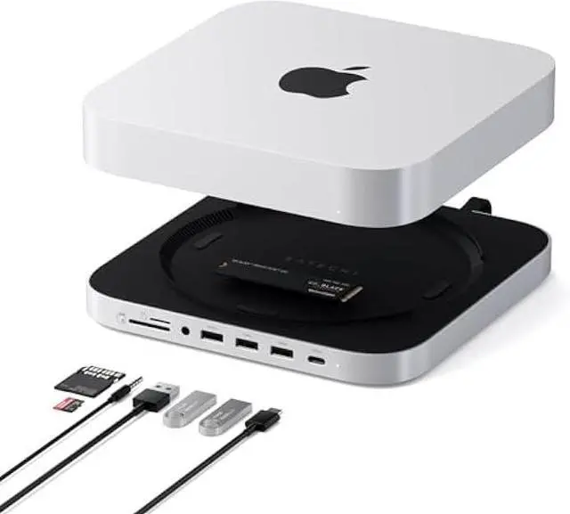 Main image of Satechi Mac mini Hub & Stand with SSD Enclosure for NVME/SATA M.2, Mac mini Dock with USB C 10Gbps, 3 USB A 5/10Gbps, 2.0 Audio Jack, for Mac Studio, Mac mini M2/M1 (Not Compatible with M4) - Silver