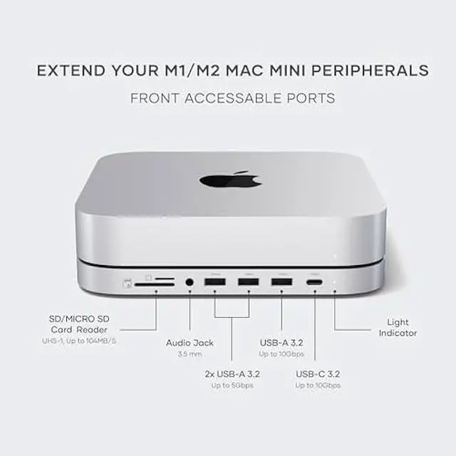 Alt view image 3 of 6 - Satechi Mac mini Hub & Stand with SSD Enclosure for NVME/SATA M.2, Mac mini Dock with USB C 10Gbps, 3 USB A 5/10Gbps, 2.0 Audio Jack, for Mac Studio, Mac mini M2/M1 (Not Compatible with M4) - Silver