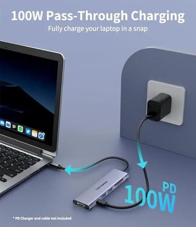 Alt view image 3 of 7 - USB C Hub 7-in-1 USB-C Dongle with 4K HDMI Multiport Adapter, 2×Powered USB-A 3.0 5Gbps, 100W PD Charging, TF/SD Card Reader for MacBook Pro/Air and Other Type C Ports Laptops (Silver)