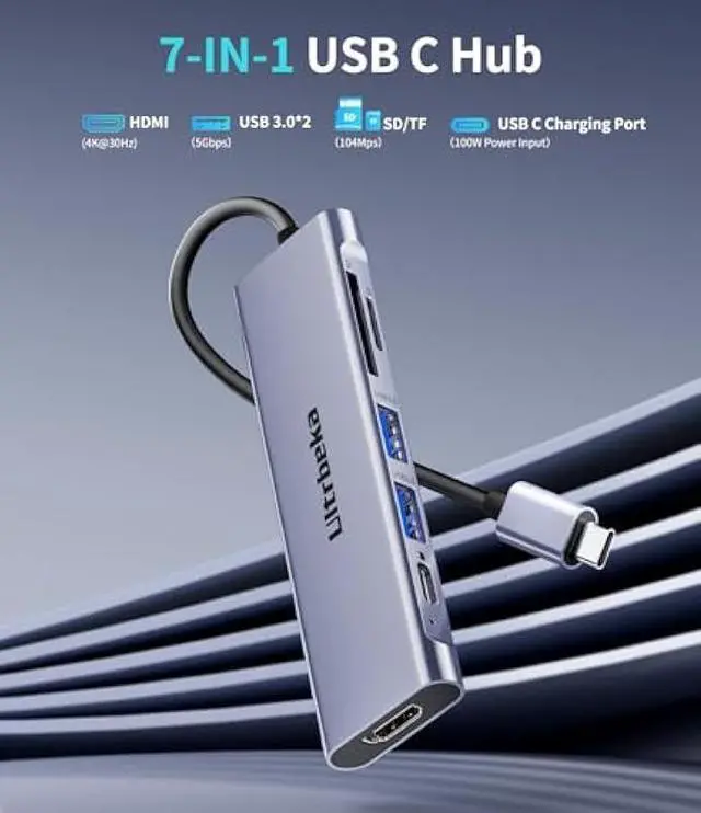 Alt view image 2 of 7 - USB C Hub 7-in-1 USB-C Dongle with 4K HDMI Multiport Adapter, 2×Powered USB-A 3.0 5Gbps, 100W PD Charging, TF/SD Card Reader for MacBook Pro/Air and Other Type C Ports Laptops (Silver)