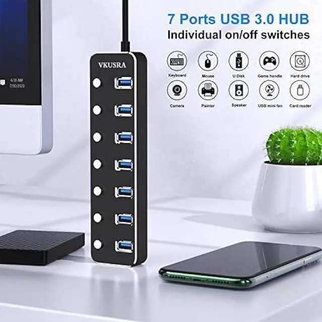 Alt view image 2 of 5 - USB Hub, VKUSRA 7 Port USB Hub 3.0 with 4ft USB Long Cable, and Aluminum USB 3.0 Hub with Individual On/Off Switch and LED Indicator, USB Splitter for Laptop & PC, Power Adapter Not Included