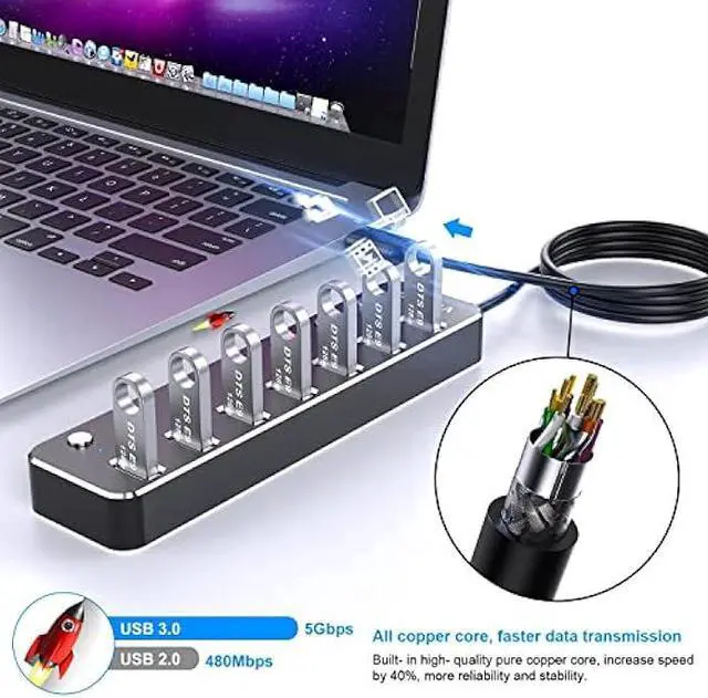 Alt view image 3 of 5 - USB Hub, VKUSRA 7 Port USB Hub 3.0 with 4ft USB Long Cable, and Aluminum USB 3.0 Hub with Individual On/Off Switch and LED Indicator, USB Splitter for Laptop & PC, Power Adapter Not Included