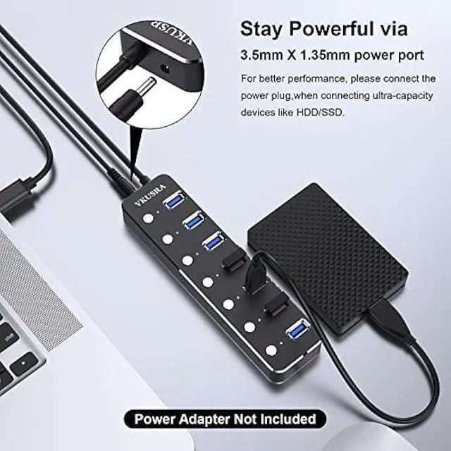 Alt view image 5 of 5 - USB Hub, VKUSRA 7 Port USB Hub 3.0 with 4ft USB Long Cable, and Aluminum USB 3.0 Hub with Individual On/Off Switch and LED Indicator, USB Splitter for Laptop & PC, Power Adapter Not Included