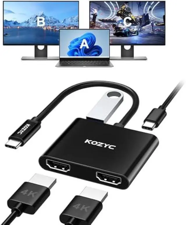 Main image of USB C to Dual HDMI Adapter 4K@30Hz, USB C Hub Multiport Adapter with 2xHDMI, USB 3.0, 100W PD, Support USB C to HDMI Splitter Extended Display (MST Only Support Windows), Black
