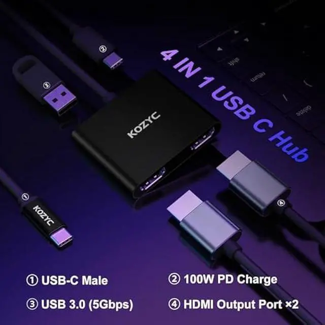Alt view image 2 of 7 - USB C to Dual HDMI Adapter 4K@30Hz, USB C Hub Multiport Adapter with 2xHDMI, USB 3.0, 100W PD, Support USB C to HDMI Splitter Extended Display (MST Only Support Windows), Black