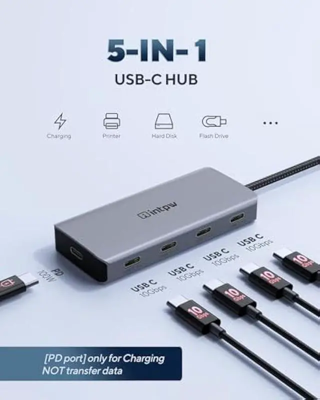 Alt view image 2 of 5 - Powered USB Hub 10Gbps, intpw 9-Port USB 3.2 Hub, USB C Hub with USB A/USB C 3.2, 4 USB 3.0, 2 PD 45W Charging Ports, 65W Power Adapter and 3.3FT Cable, Aluminum USB Hub for Laptop, iPhone 16/15, PC