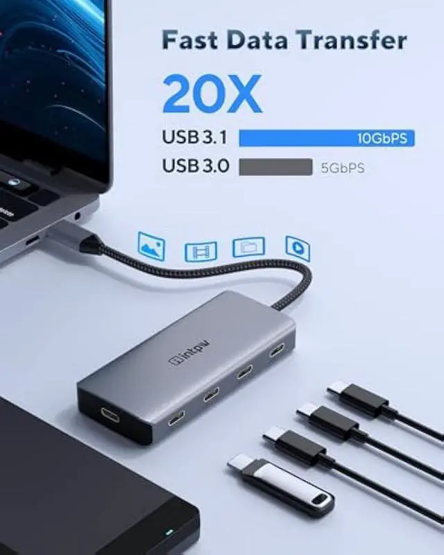 Alt view image 3 of 5 - Powered USB Hub 10Gbps, intpw 9-Port USB 3.2 Hub, USB C Hub with USB A/USB C 3.2, 4 USB 3.0, 2 PD 45W Charging Ports, 65W Power Adapter and 3.3FT Cable, Aluminum USB Hub for Laptop, iPhone 16/15, PC