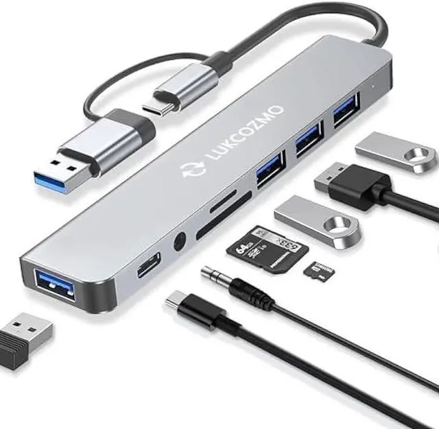 Main image of Updated USB Hub USB C Hub USB Splitter Port Extender 7 in 1 USB 3.0 Hub USB Adapter&USB C Splitter 4 USB 1 USBC TF/SD Card Reader Audio Output Compatible with MacBook/Pad Pro/Dell/HP Laptop/Phones