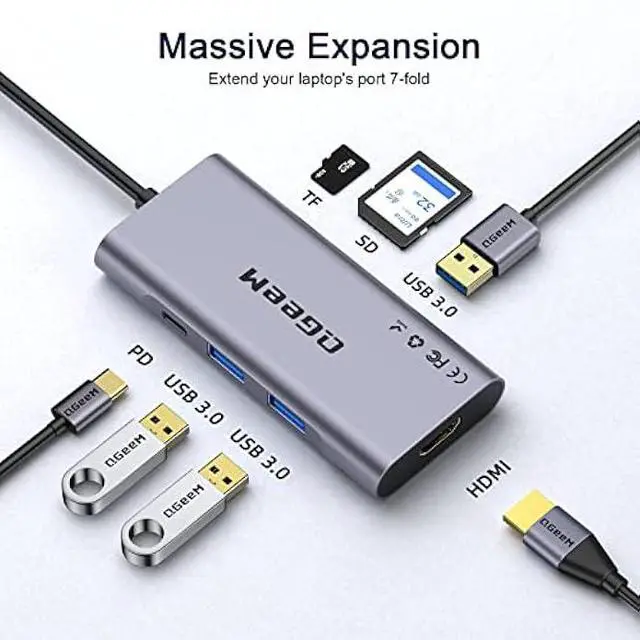 Alt view image 3 of 5 - USB C Hub, QGeeM USB 4k to HDMI Adapter, 7 in 1 USB-C Dongle with 100W PD,USB 3.0, Card Reader, Compatible for MacBook iPhone 15/16 Ipad Pro max,Chromebook Laptop USB Type C Dock-Grey