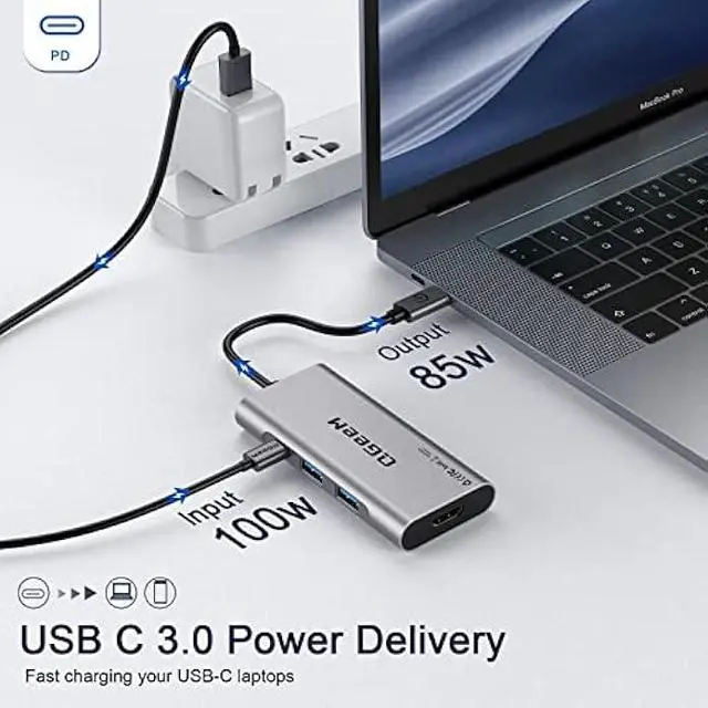 Alt view image 5 of 5 - USB C Hub, QGeeM USB 4k to HDMI Adapter, 7 in 1 USB-C Dongle with 100W PD,USB 3.0, Card Reader, Compatible for MacBook iPhone 15/16 Ipad Pro max,Chromebook Laptop USB Type C Dock-Grey