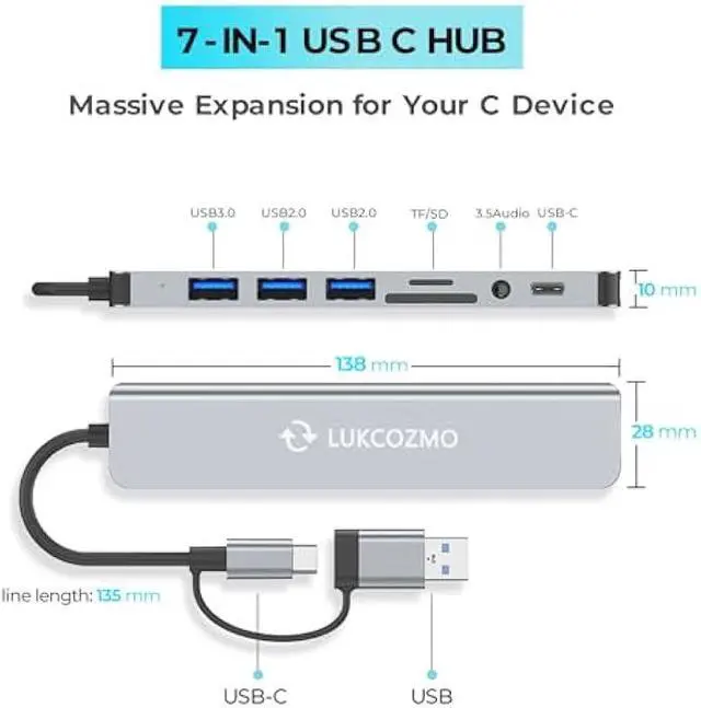 Alt view image 4 of 6 - Updated USB Hub USB C Hub USB Splitter Port Extender 7 in 1 USB 3.0 Hub USB Adapter&USB C Splitter 4 USB 1 USBC TF/SD Card Reader Audio Output Compatible with MacBook/Pad Pro/Dell/HP Laptop/Phones