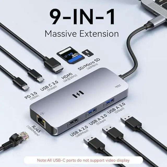 Alt view image 2 of 5 - USB C Adapters for MacBook Pro/Air, Mac Dongle with 3 USB Port, 9 in 1 Macbook Hub to HDMI, RJ45 Ethernet,100W Pd Charging, USB C to SD/TF Card Reader Compatible With Macbook/Dell XPS, Lenovo Thinkpad