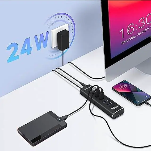 Alt view image 2 of 6 - Powered USB Hub, Rosonway 8-Port USB 3.2/USB C Hub with 6 USB 3.2 Ports 10Gbps, SD/TF Card Readers, 3.3ft Long Cable and 12V/2A Power Adapter, Aluminum USB Port Expander for Laptop and PC, RSH-A107D