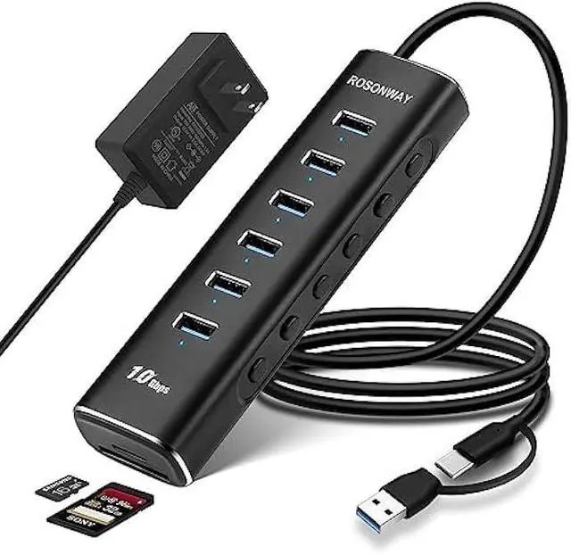 Main image of Powered USB Hub, Rosonway 8-Port USB 3.2/USB C Hub with 6 USB 3.2 Ports 10Gbps, SD/TF Card Readers, 3.3ft Long Cable and 12V/2A Power Adapter, Aluminum USB Port Expander for Laptop and PC, RSH-A107D