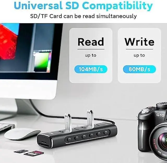 Alt view image 4 of 6 - Powered USB Hub, Rosonway 8-Port USB 3.2/USB C Hub with 6 USB 3.2 Ports 10Gbps, SD/TF Card Readers, 3.3ft Long Cable and 12V/2A Power Adapter, Aluminum USB Port Expander for Laptop and PC, RSH-A107D