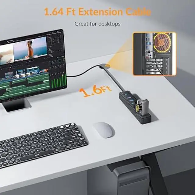 Alt view image 2 of 5 - 7 Ports USB Hub 3.0 - iDsonix USB 3.0 Hub 5Gbps Splitter Multiport Adapter, USB Hub Extender for PC, Laptop, Flash Drive, Mobile HDD, Windows/XPS, 1.64Ft50cm