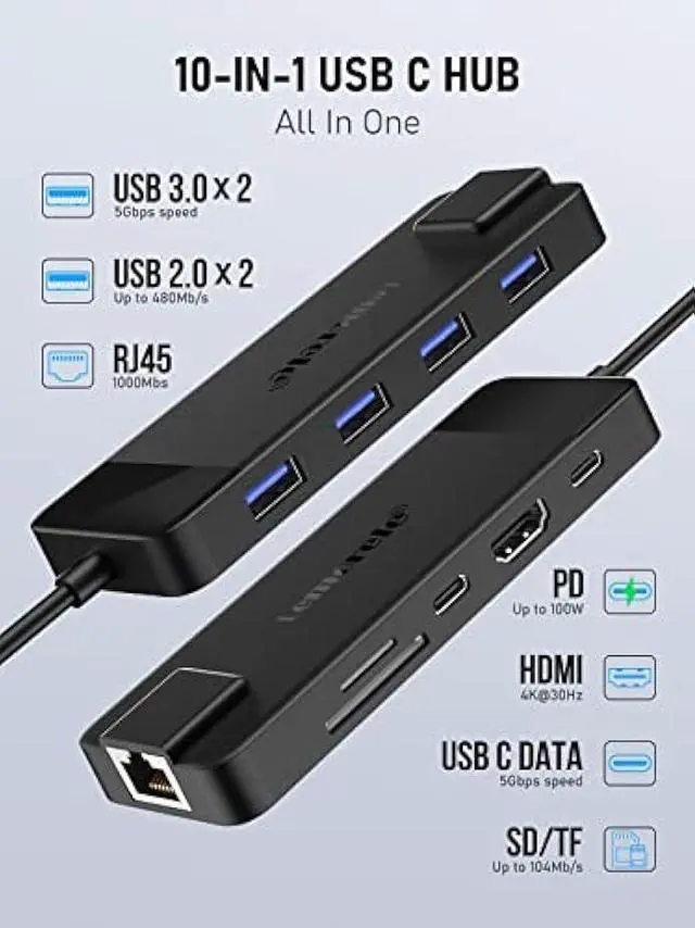 Alt view image 2 of 5 - Lemorele USB C Hub Multiport Adapter 10-in-1 USB C Dongle for MacBook Pro Air, Gigabit Ethernet with 4K HDMI, 100W PD, USB 3.0 5Gbps Port, SD/TF Card Reader Adapter, Compatible for Windows/Mac/iPad
