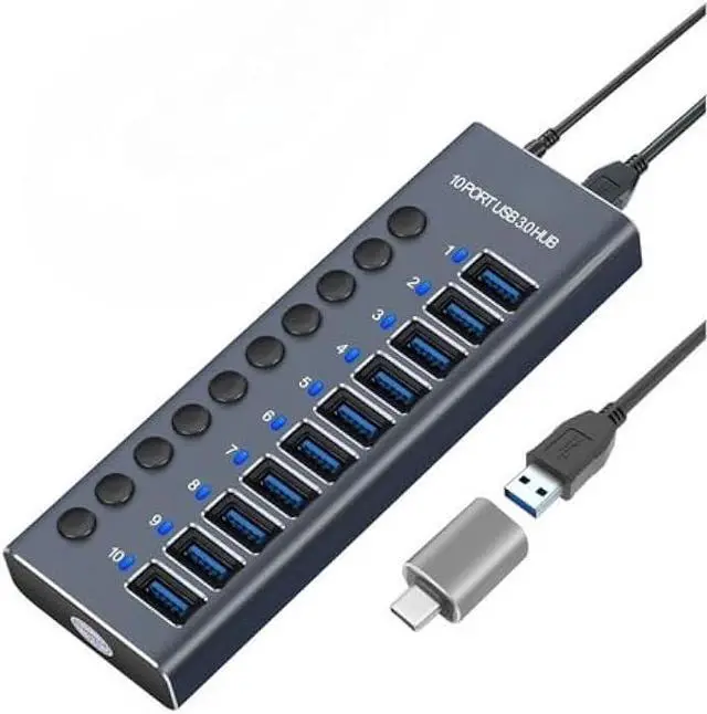 Main image of MaxLax 10 Port Aluminum USB 3.0 hub with 10 Port USB Data Transfer,Power Adapter USB Splitter Independent Switch