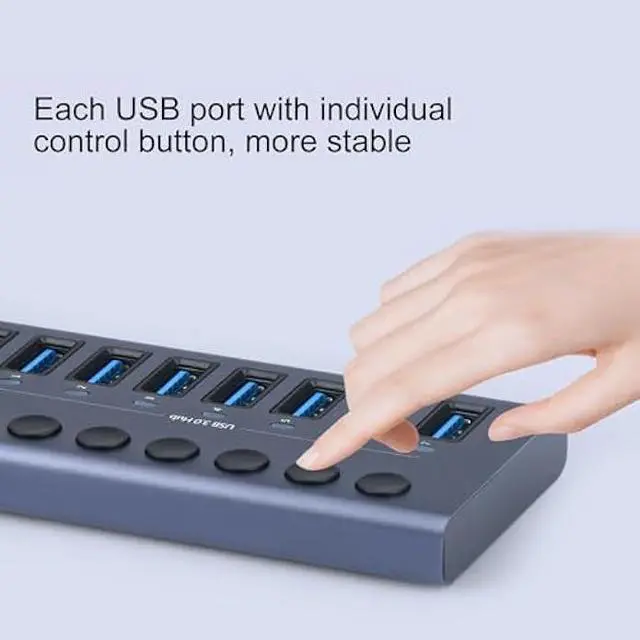 Alt view image 3 of 7 - MaxLax 10 Port Aluminum USB 3.0 hub with 10 Port USB Data Transfer,Power Adapter USB Splitter Independent Switch