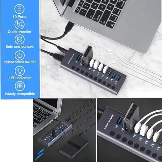Alt view image 7 of 7 - MaxLax 10 Port Aluminum USB 3.0 hub with 10 Port USB Data Transfer,Power Adapter USB Splitter Independent Switch