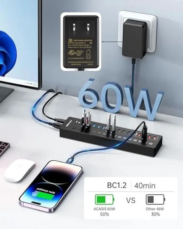 Alt view image 4 of 6 - Powered USB 3.0 Hub, ACASIS 16 Port USB Hub Powered(Include 2*USB C 3.0+4 Smart Charging Port) with 60W Power Adapter, Support Wall Mount, USB Hub for PC Laptop, Mac, Printer, Camera