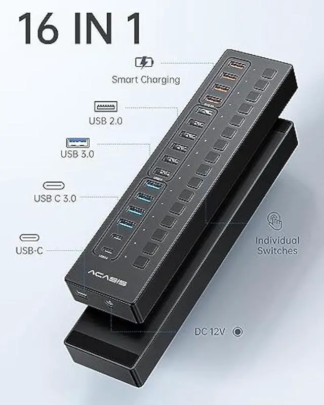 Alt view image 2 of 6 - Powered USB 3.0 Hub, ACASIS 16 Port USB Hub Powered(Include 2*USB C 3.0+4 Smart Charging Port) with 60W Power Adapter, Support Wall Mount, USB Hub for PC Laptop, Mac, Printer, Camera