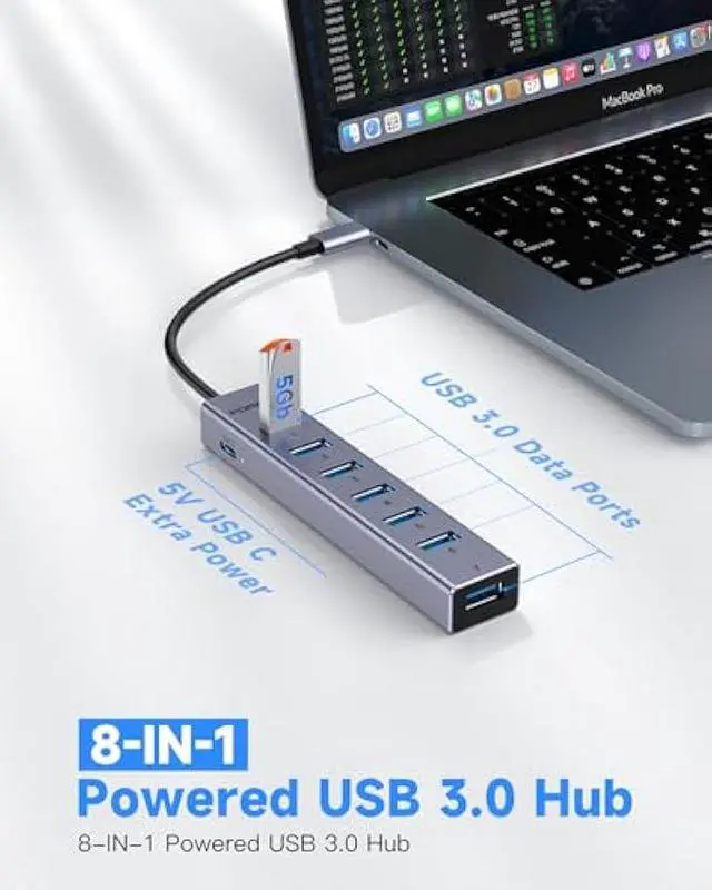 Alt view image 2 of 5 - FORIDA USB C Hub-8 Port USB HUB with 7 USB3.0 Data Ports,Aluminum Alloy USBC Splitter with Type C 5V/3A Power Port Compatible with MacBook, iPad, Surface Pro, XPS, Laptop,PC (Gray,USB C-9.8in)