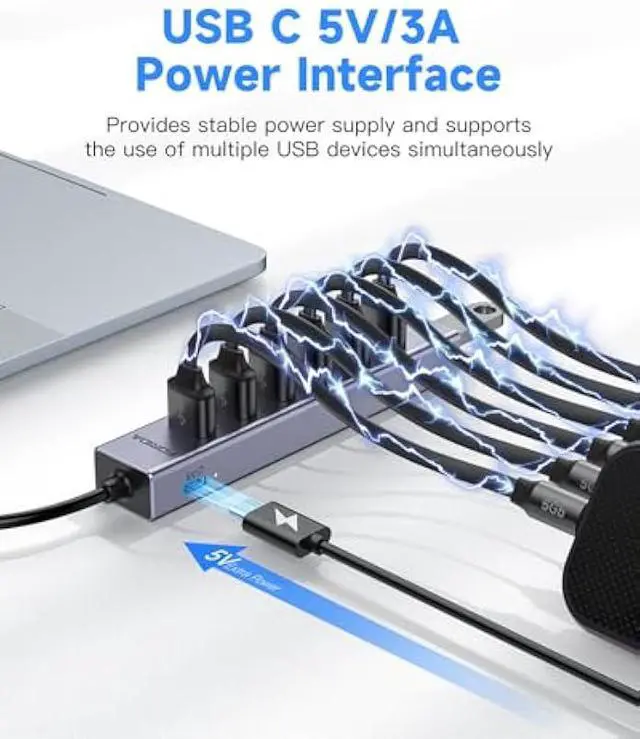 Alt view image 3 of 5 - FORIDA USB C Hub-8 Port USB HUB with 7 USB3.0 Data Ports,Aluminum Alloy USBC Splitter with Type C 5V/3A Power Port Compatible with MacBook, iPad, Surface Pro, XPS, Laptop,PC (Gray,USB C-9.8in)