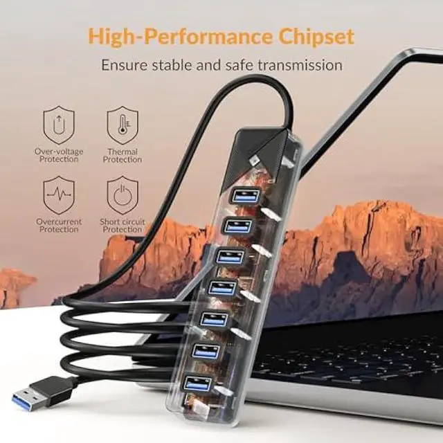 Alt view image 5 of 5 - GiGimundo PG7U 7-Port USB 3.0 Hub with USB-C Power Input Port - 5Gbps Multiport USB Dock Splitter for PC, Desktop, PS4, PS5, Xbox, and More - 3.3ft Long Cable, Black
