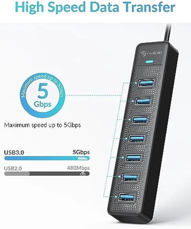Alt view image 3 of 6 - PHIXERO 7 Port USB Hub, 3.3FT/1M Long Cable USB 3.0 Hub Multi USB Port Hub Adapter Extension USB Splitter USB Hub for PC, Compatible with All USB 3.0/2.0/1.1 Device