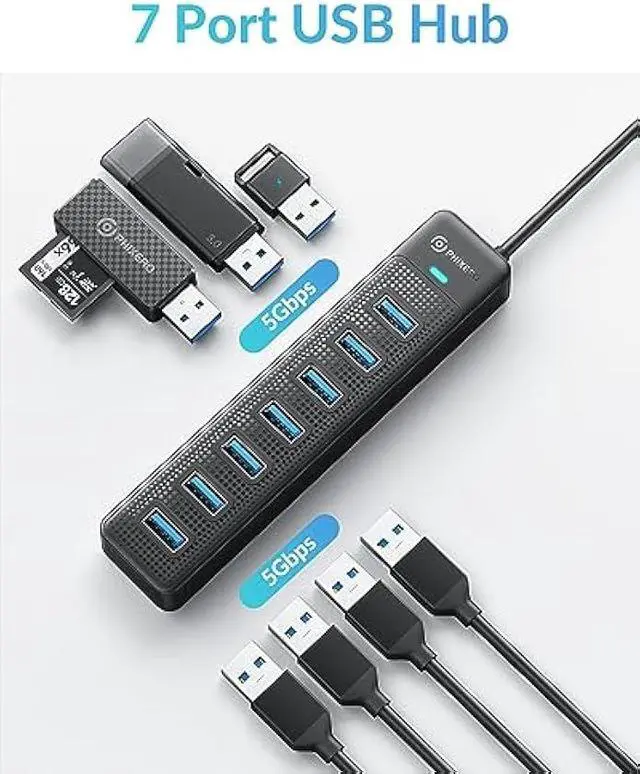 Alt view image 2 of 6 - PHIXERO 7 Port USB Hub, 3.3FT/1M Long Cable USB 3.0 Hub Multi USB Port Hub Adapter Extension USB Splitter USB Hub for PC, Compatible with All USB 3.0/2.0/1.1 Device